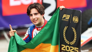 BUDAPEST, HUNGARY - AUGUST 03: 2025 F3 Drivers champion and Race winner Rafael Camara of Brazil and